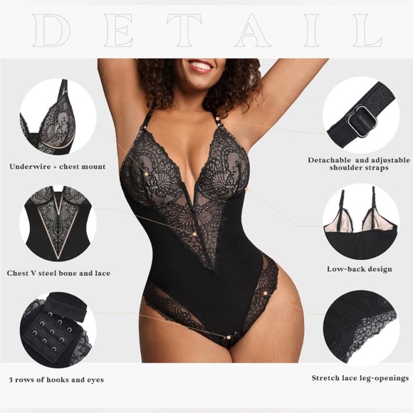 Popilush Sexy Lace Deep-V Neck Bodysuit - Picture 4 of 5